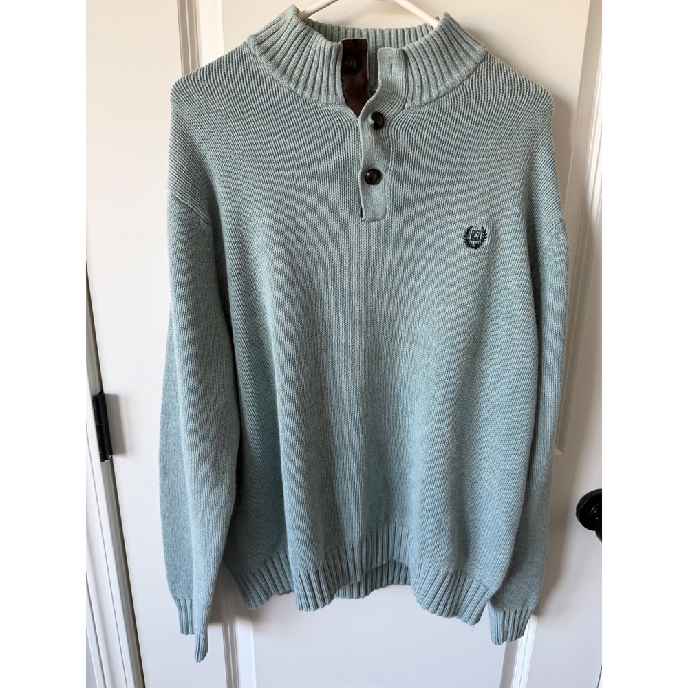 Chaps Mens Large Sage Green Cotton Mock Neck Button Sweater Elbow Patches